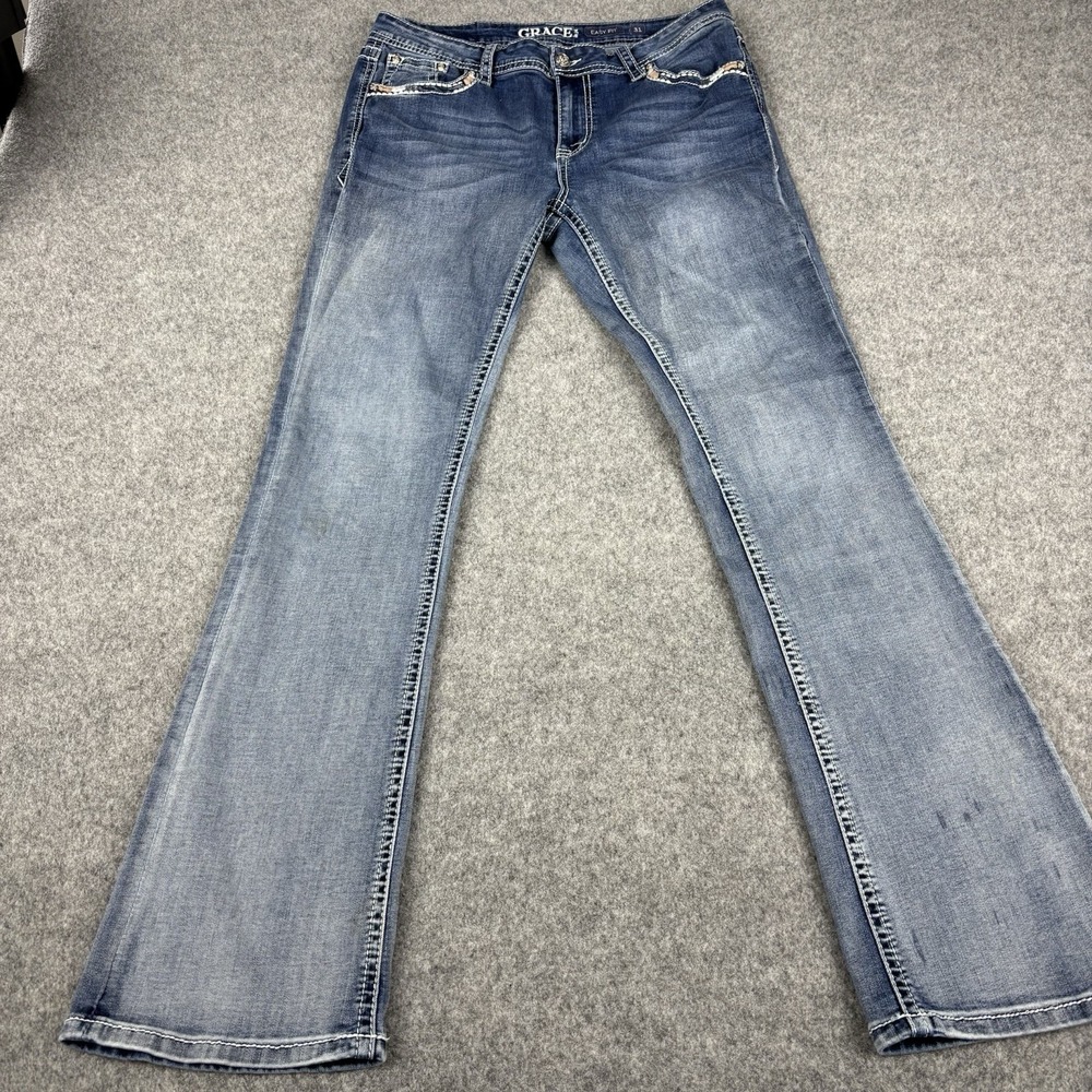 Grace In LA Easy Fit Jeans Womens 31 Bootcut Embellished Stretch Denim Blue